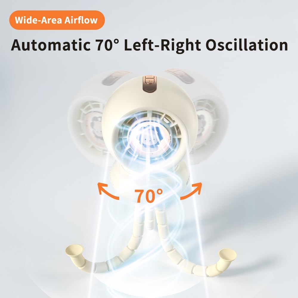 Portable Stroller Fan, Whisper-Quiet, Auto-Oscillation, Warm-Tone Night Light, 3600mAh Rechargeable Battery, Dense Safety Grill, Designed for Crib, Car Seat, Travel and Camping (Beige)