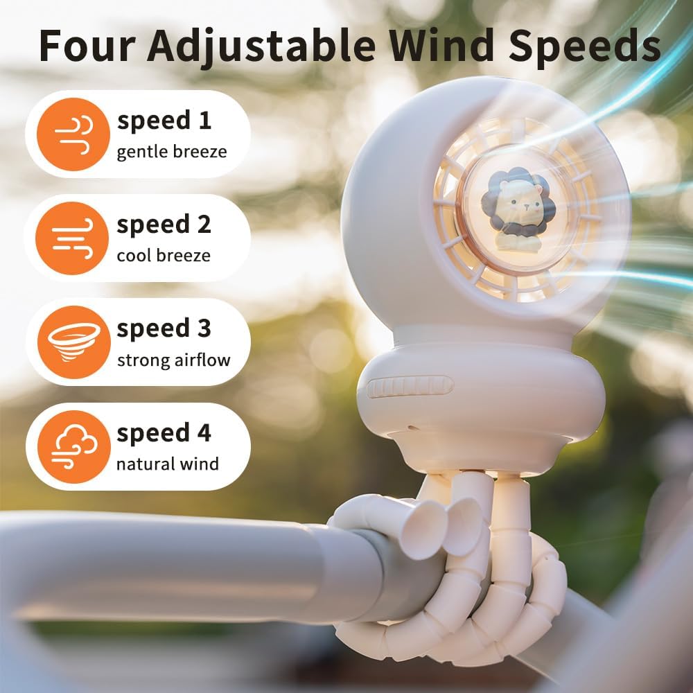 Portable Stroller Fan, Whisper-Quiet, Auto-Oscillation, Warm-Tone Night Light, 3600mAh Rechargeable Battery, Dense Safety Grill, Designed for Crib, Car Seat, Travel and Camping (Beige)