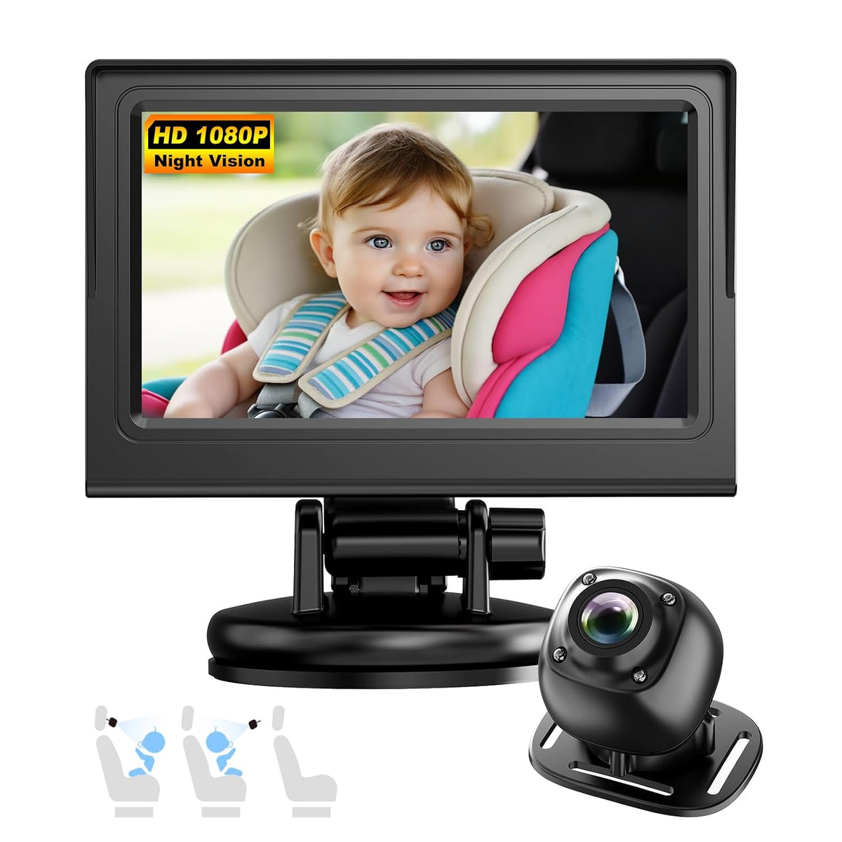 Baby Car Camera Monitor for Backseat - Baby Car Mirror - Safety Rear Facing Infant Back Seat Camera with 4.3" Display, HD 1080P, Night Vision, Easy Installation - Black