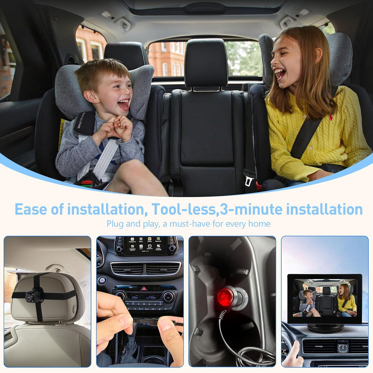 Baby Car Camera Monitor for Backseat - Baby Car Mirror - Safety Rear Facing Infant Back Seat Camera with 4.3" Display, HD 1080P, Night Vision, Easy Installation - Black