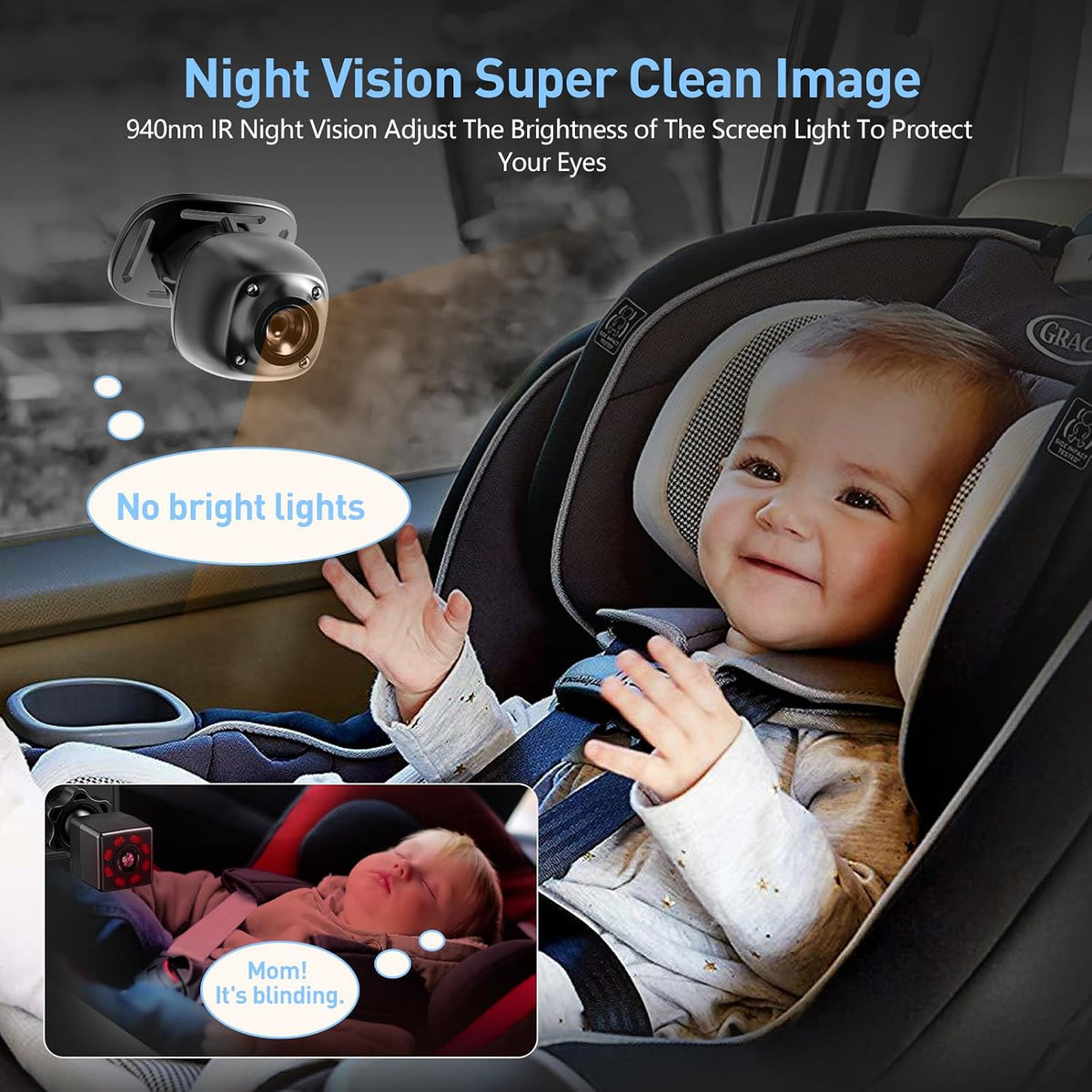 Baby Car Camera Monitor for Backseat - Baby Car Mirror - Safety Rear Facing Infant Back Seat Camera with 4.3" Display, HD 1080P, Night Vision, Easy Installation - Black