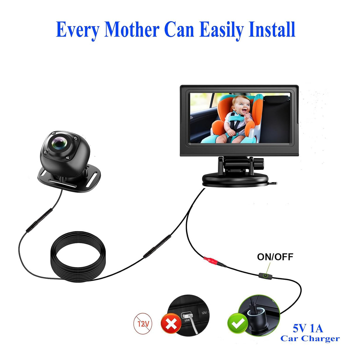 Baby Car Camera Monitor for Backseat - Baby Car Mirror - Safety Rear Facing Infant Back Seat Camera with 4.3" Display, HD 1080P, Night Vision, Easy Installation - Black