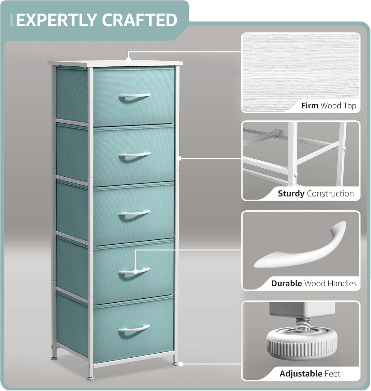Dresser for Kids Bedroom, Fabric Drawers (5 Drawer, Pastel)