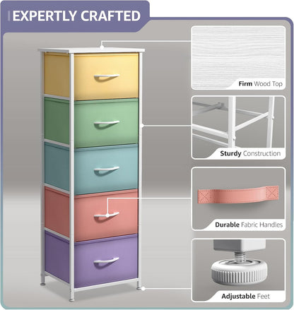 Dresser for Kids Bedroom, Fabric Drawers (5 Drawer, Pastel)
