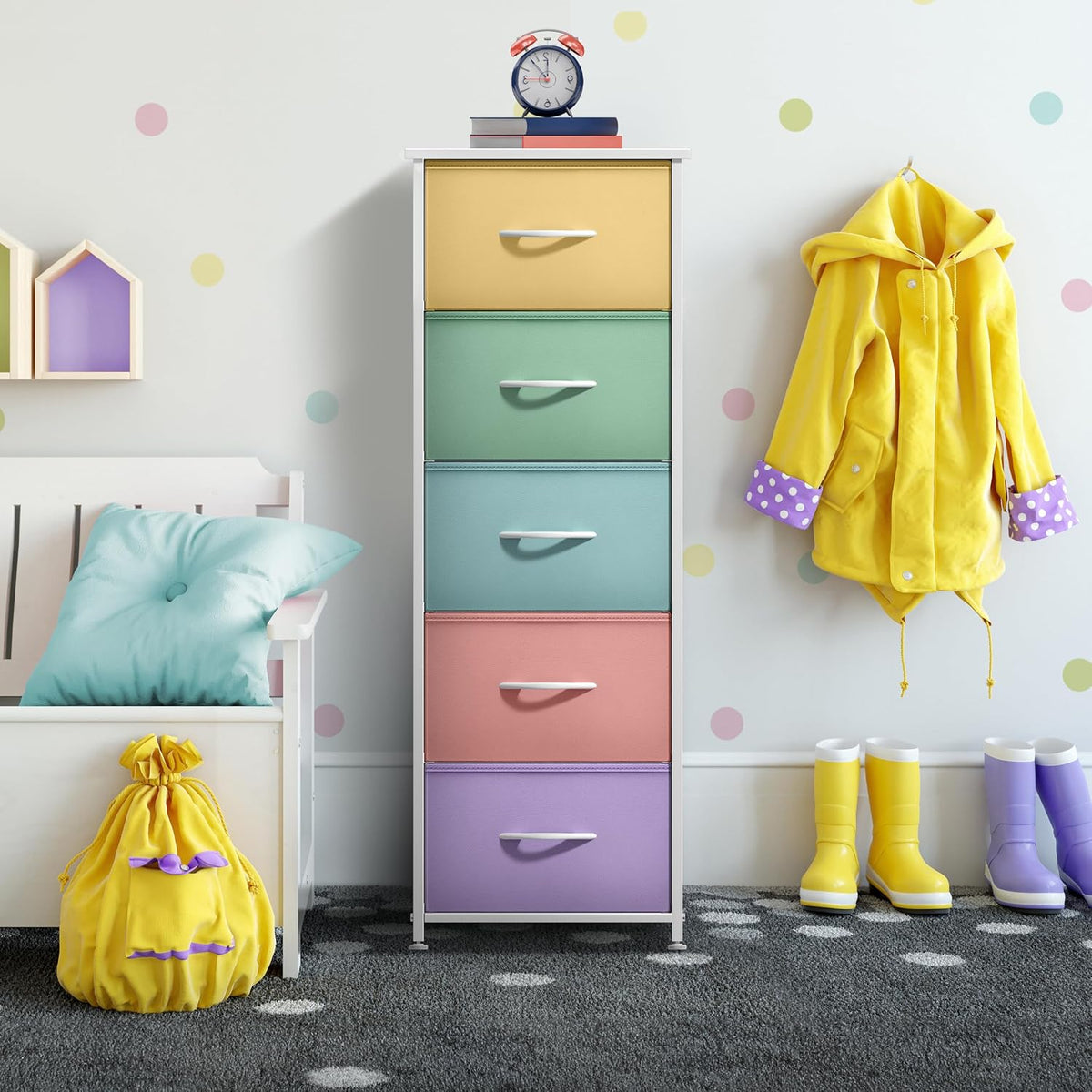 Dresser for Kids Bedroom, Fabric Drawers (5 Drawer, Pastel)