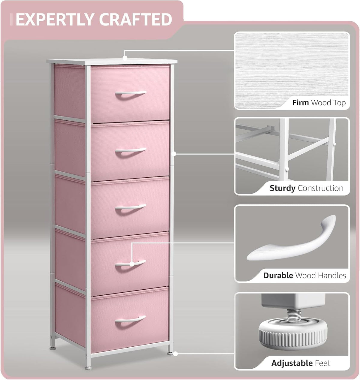 Dresser for Kids Bedroom, Fabric Drawers (5 Drawer, Pastel)