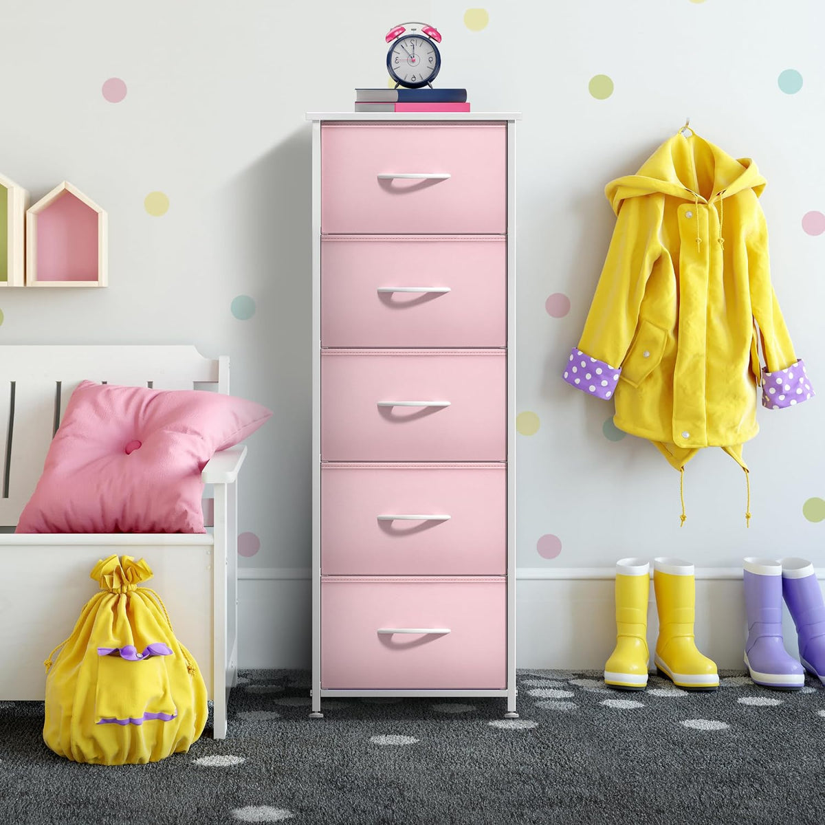 Dresser for Kids Bedroom, Fabric Drawers (5 Drawer, Pastel)