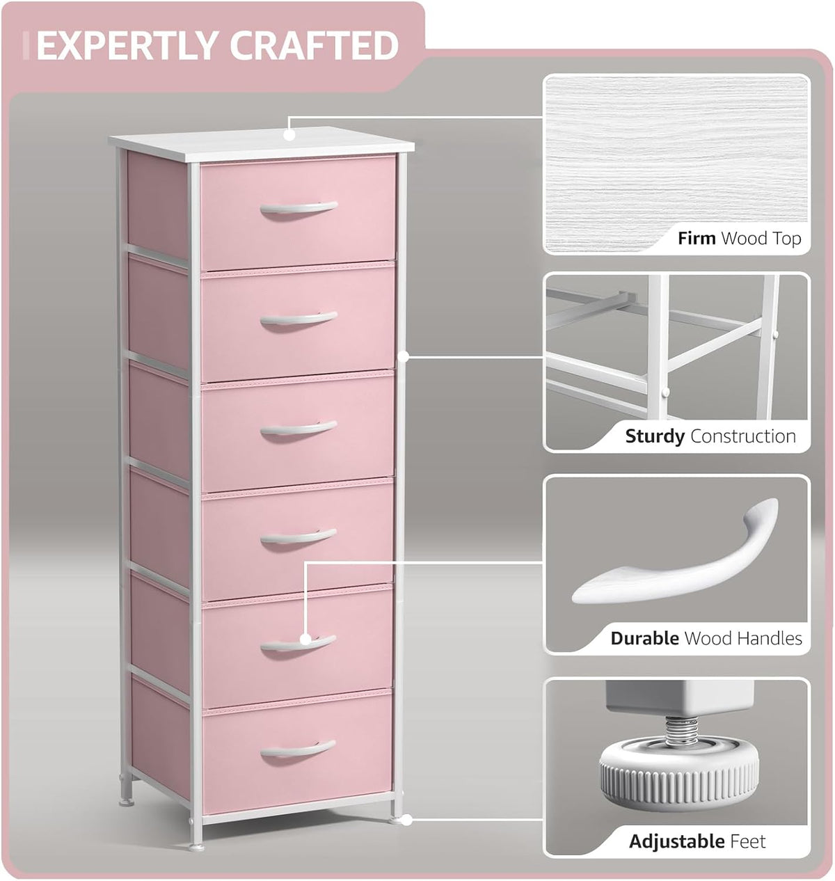 Dresser for Kids Bedroom, Fabric Drawers (5 Drawer, Pastel)