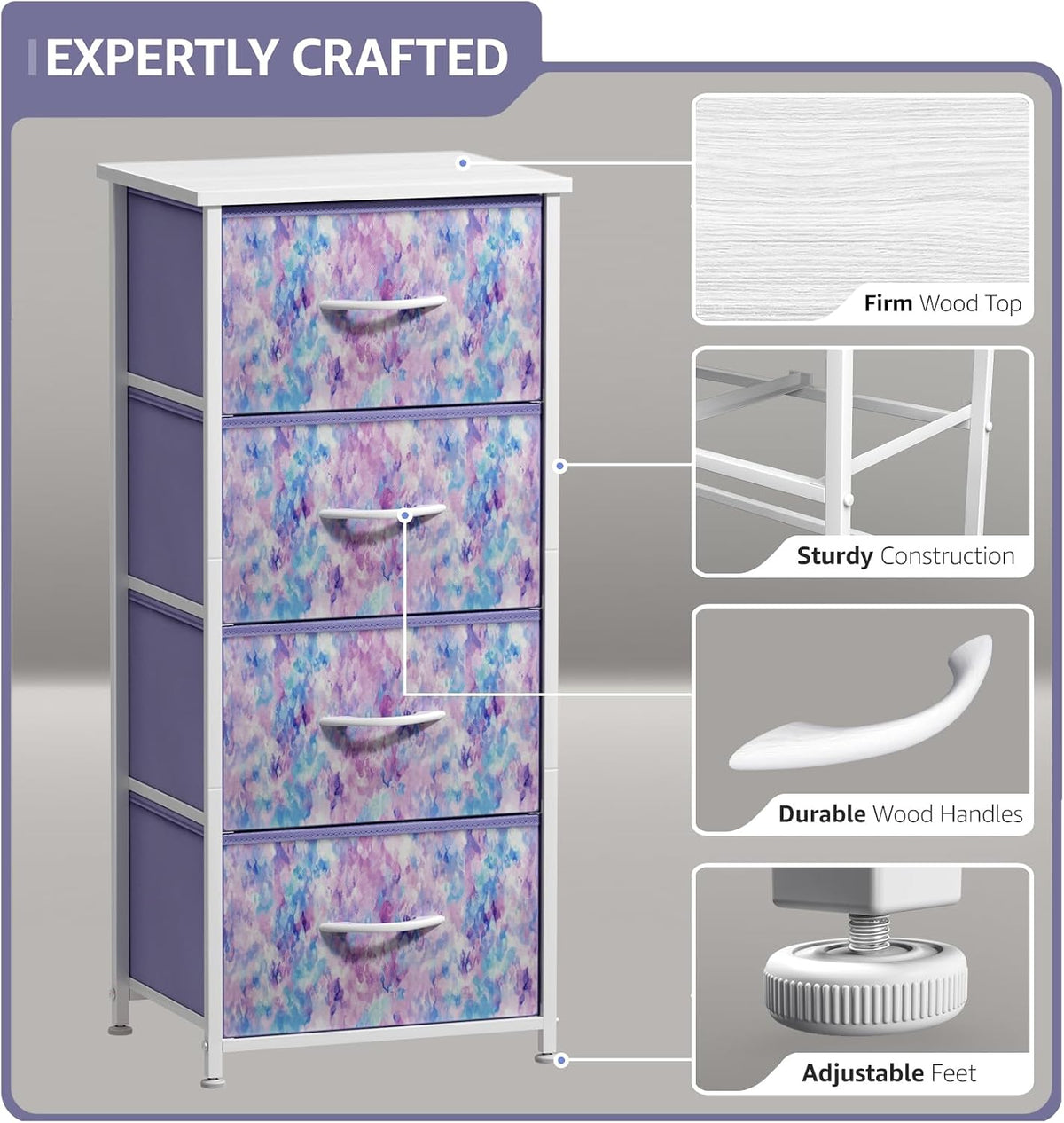 Dresser for Kids Bedroom, Fabric Drawers (5 Drawer, Pastel)
