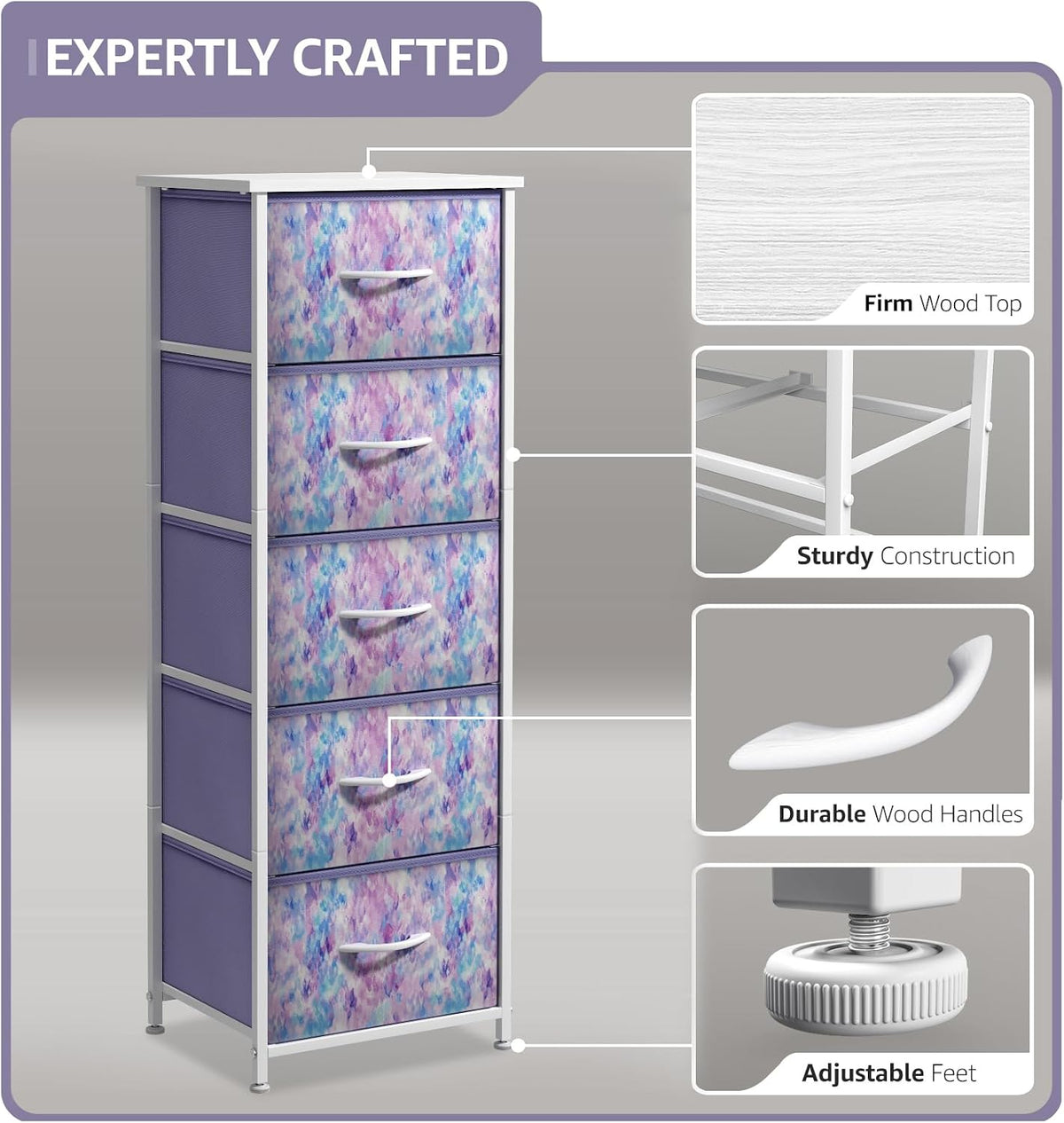 Dresser for Kids Bedroom, Fabric Drawers (5 Drawer, Pastel)