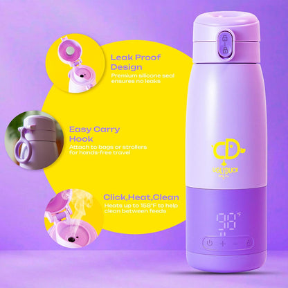 Portable Bottle Warmer for Travel 17 oz Capacity | Breast Milk Warmer for Baby On the Go | Temperature Adjustable 98°F to 158°F | for Milk, Formula & Water | USB Rechargeable, BPA Free & Leak-Proof