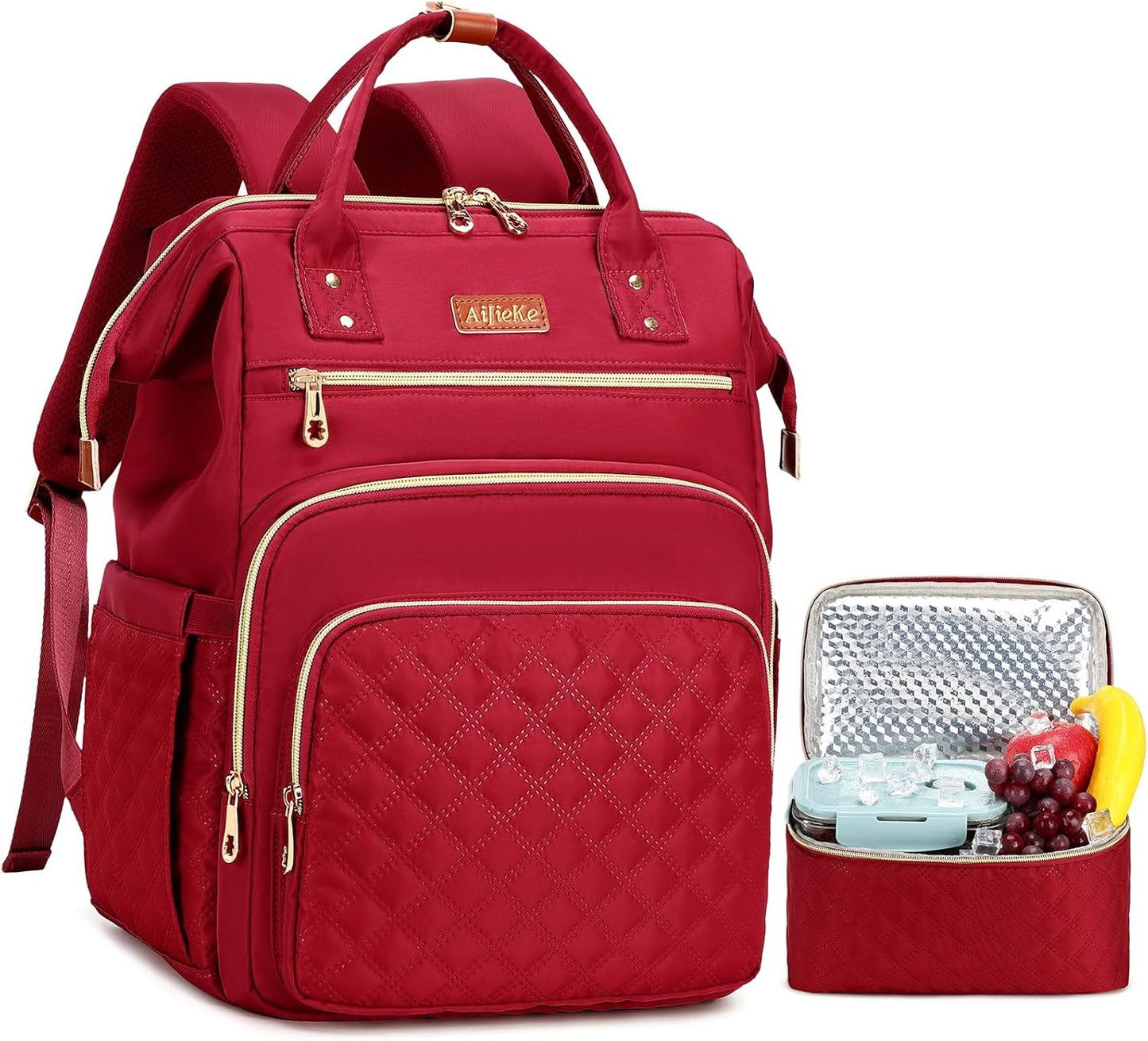 AIJIEKE Lunch Backpack for Women, 15.6 Laptop Backpack, Lunch Box, Red | Water resistant computer bag with insulated leakproof cooler. Travel meal prep backpack for nurse, teacher, college commute