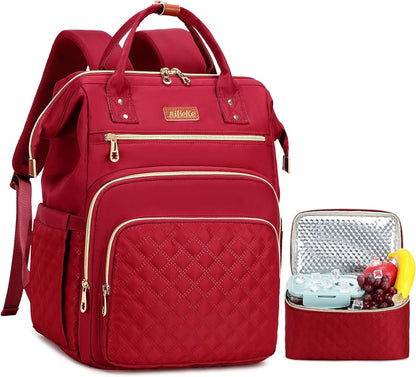 AIJIEKE Lunch Backpack for Women, 15.6 Laptop Backpack, Lunch Box, Red | Water resistant computer bag with insulated leakproof cooler. Travel meal prep backpack for nurse, teacher, college commute
