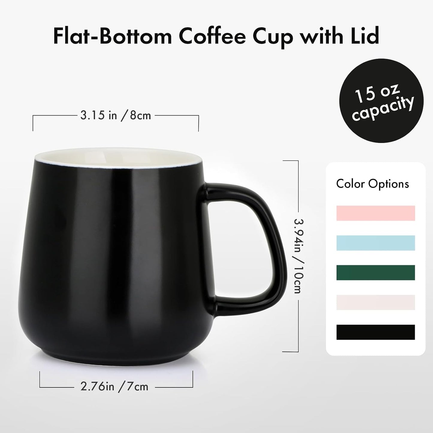 15oz Ceramic Coffee Mug with Lid and Flat-Bottom, Morning Coffee Mug for Daily Use Warming Coffee & Tea (White)