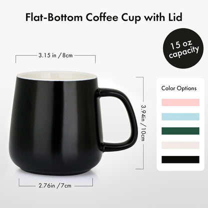 15oz Ceramic Coffee Mug with Lid and Flat-Bottom, Morning Coffee Mug for Daily Use Warming Coffee & Tea (White)