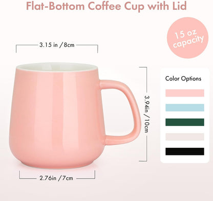 15oz Ceramic Coffee Mug with Lid and Flat-Bottom, Morning Coffee Mug for Daily Use Warming Coffee & Tea (White)