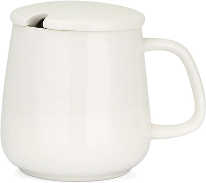15oz Ceramic Coffee Mug with Lid and Flat-Bottom, Morning Coffee Mug for Daily Use Warming Coffee & Tea (White)