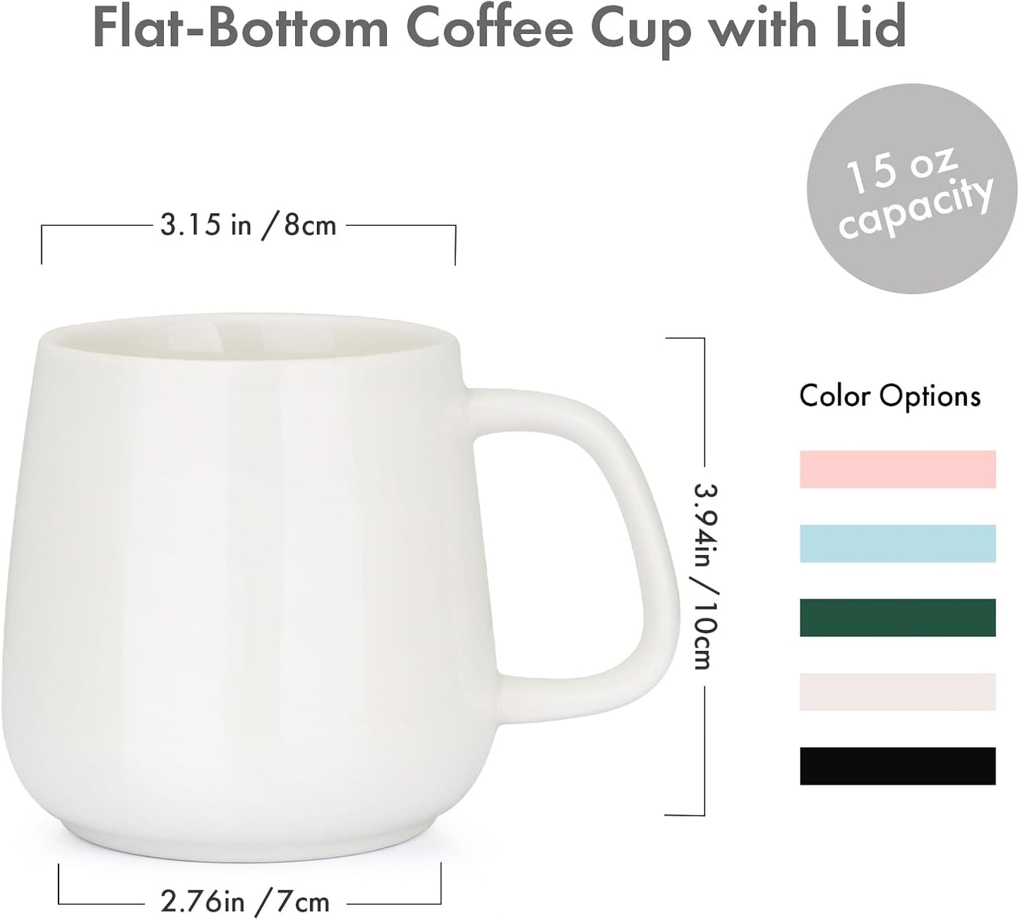 15oz Ceramic Coffee Mug with Lid and Flat-Bottom, Morning Coffee Mug for Daily Use Warming Coffee & Tea (White)