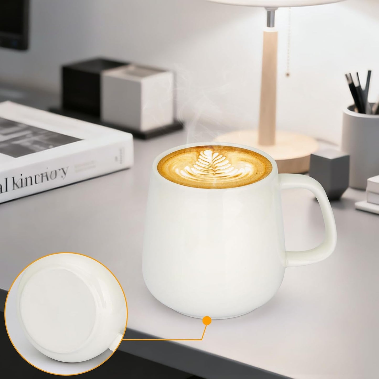 15oz Ceramic Coffee Mug with Lid and Flat-Bottom, Morning Coffee Mug for Daily Use Warming Coffee & Tea (White)
