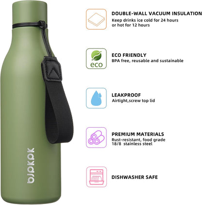 18oz Insulated Water Bottle, Stainless Steel Bottle with Carry Strap - Colors A