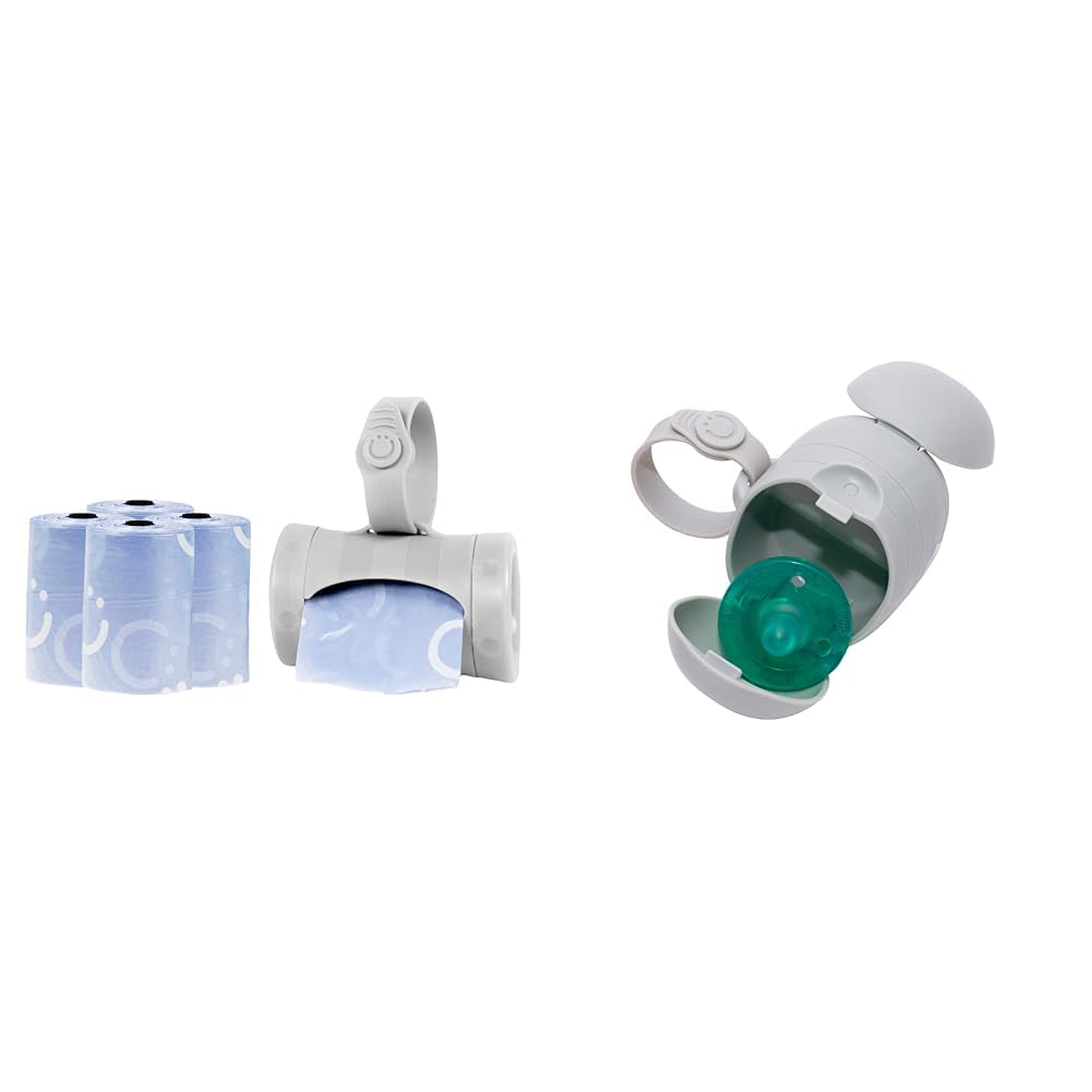 On-the-Go Gray Bag Dispenser and Waste Disposal Bags Refill, Lavender Scented & On The Go Dual Pacifier Holder, Keeps Baby’s Binkies Clean and Accessible, Includes Silicone Strap