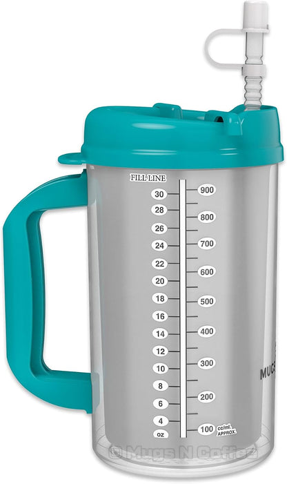 2-Pack 32 oz Travel Mugs – Teal Hospital Mugs for Cold Drinks – Double Wall Insulated, Large Handle – BPA-Free, Leak-Resistant – Includes Lids and Straws – Made in USA
