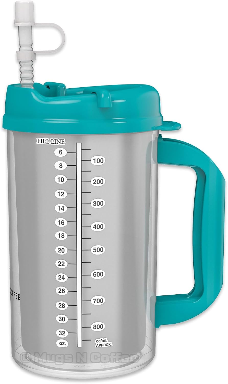 2-Pack 32 oz Travel Mugs – Teal Hospital Mugs for Cold Drinks – Double Wall Insulated, Large Handle – BPA-Free, Leak-Resistant – Includes Lids and Straws – Made in USA