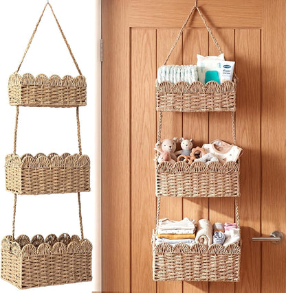over The Door Hanging Basket, 3-tier, Diaper Caddy, Light Brown
