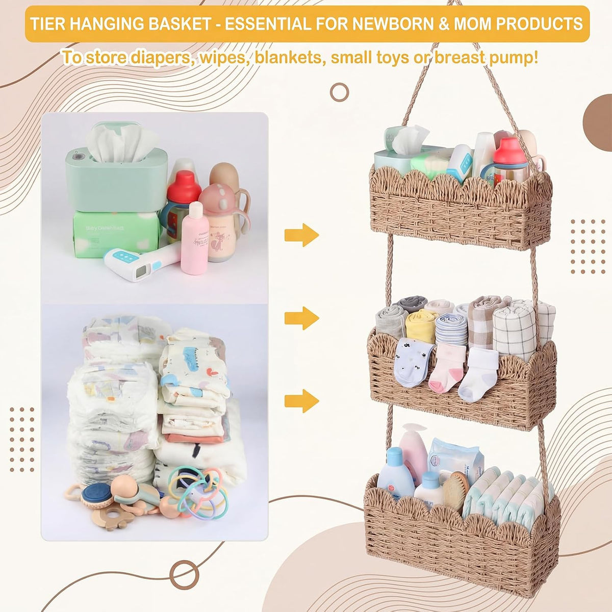 over The Door Hanging Basket, 3-tier, Diaper Caddy, Light Brown
