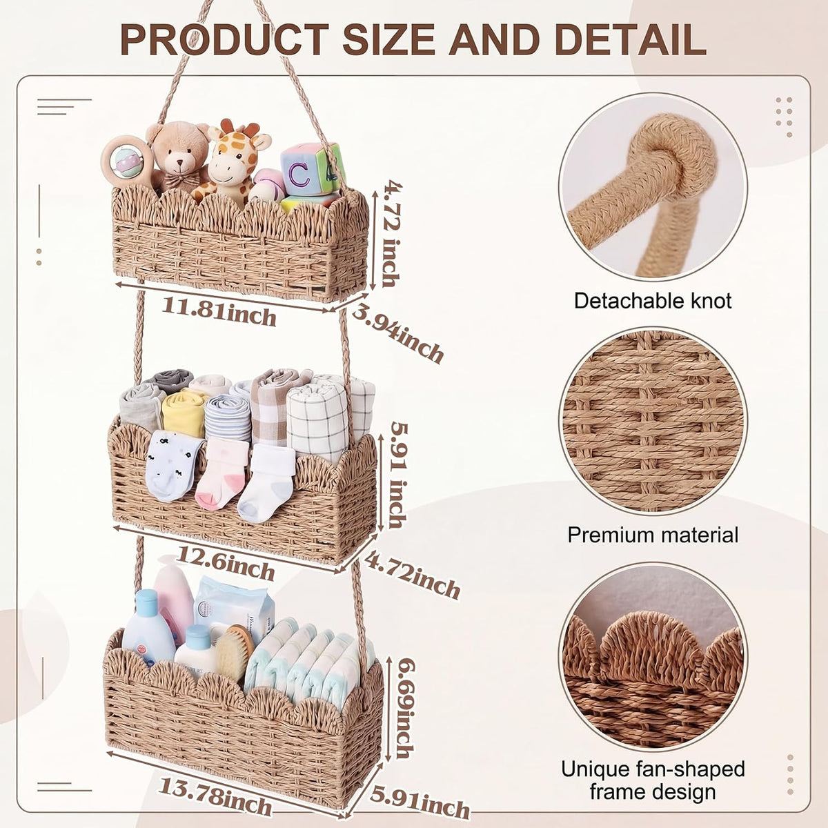 over The Door Hanging Basket, 3-tier, Diaper Caddy, Light Brown