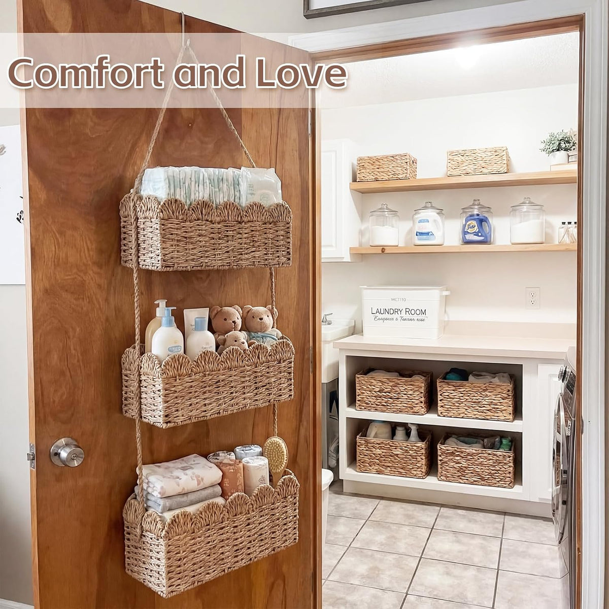 over The Door Hanging Basket, 3-tier, Diaper Caddy, Light Brown