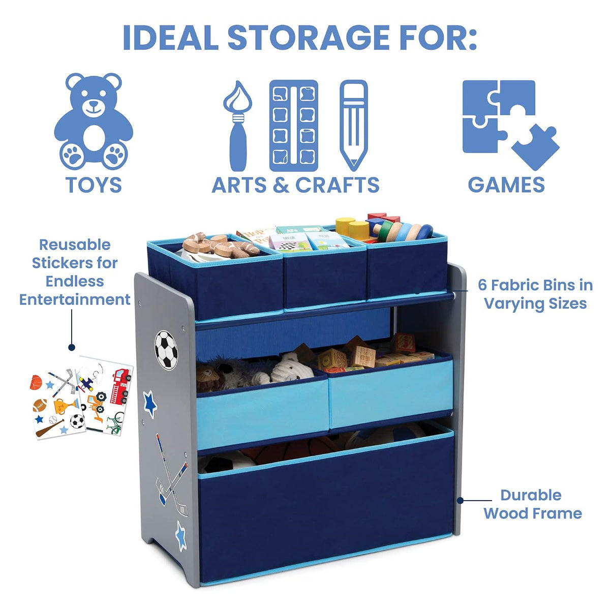 Design and Store 6 Bin Toy Organizer, Grey/Blue