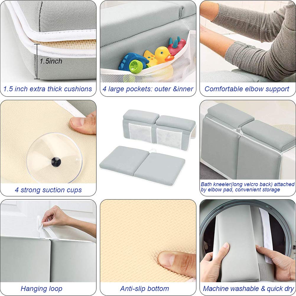 Kneeler Pad Elbow Support, Baby Bath Kneeler with Elbow Rest Set for Large Bathtub with Toy Organizer, Baby Bath Kneeler