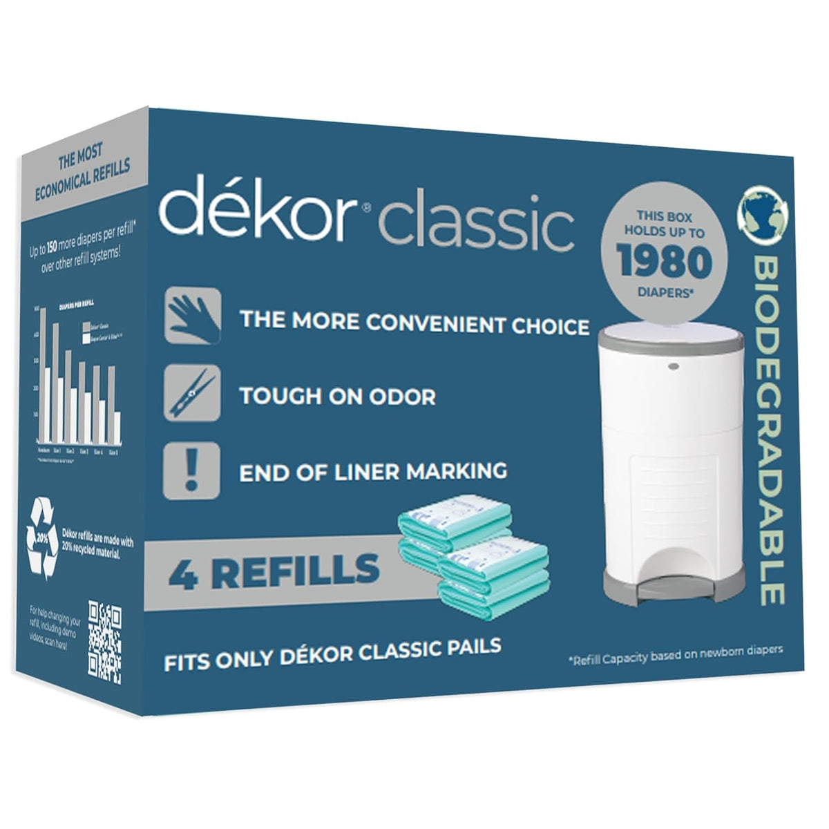 Classic Diaper Pail Biodegradable Refills | 2 Count | Most Economical Refill System | Quick & Easy to Replace | No Preset Bag Size Use Only What You Need | Exclusive End-of-Liner Marking