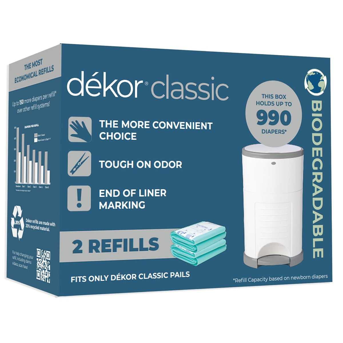 Classic Diaper Pail Biodegradable Refills | 2 Count | Most Economical Refill System | Quick & Easy to Replace | No Preset Bag Size Use Only What You Need | Exclusive End-of-Liner Marking