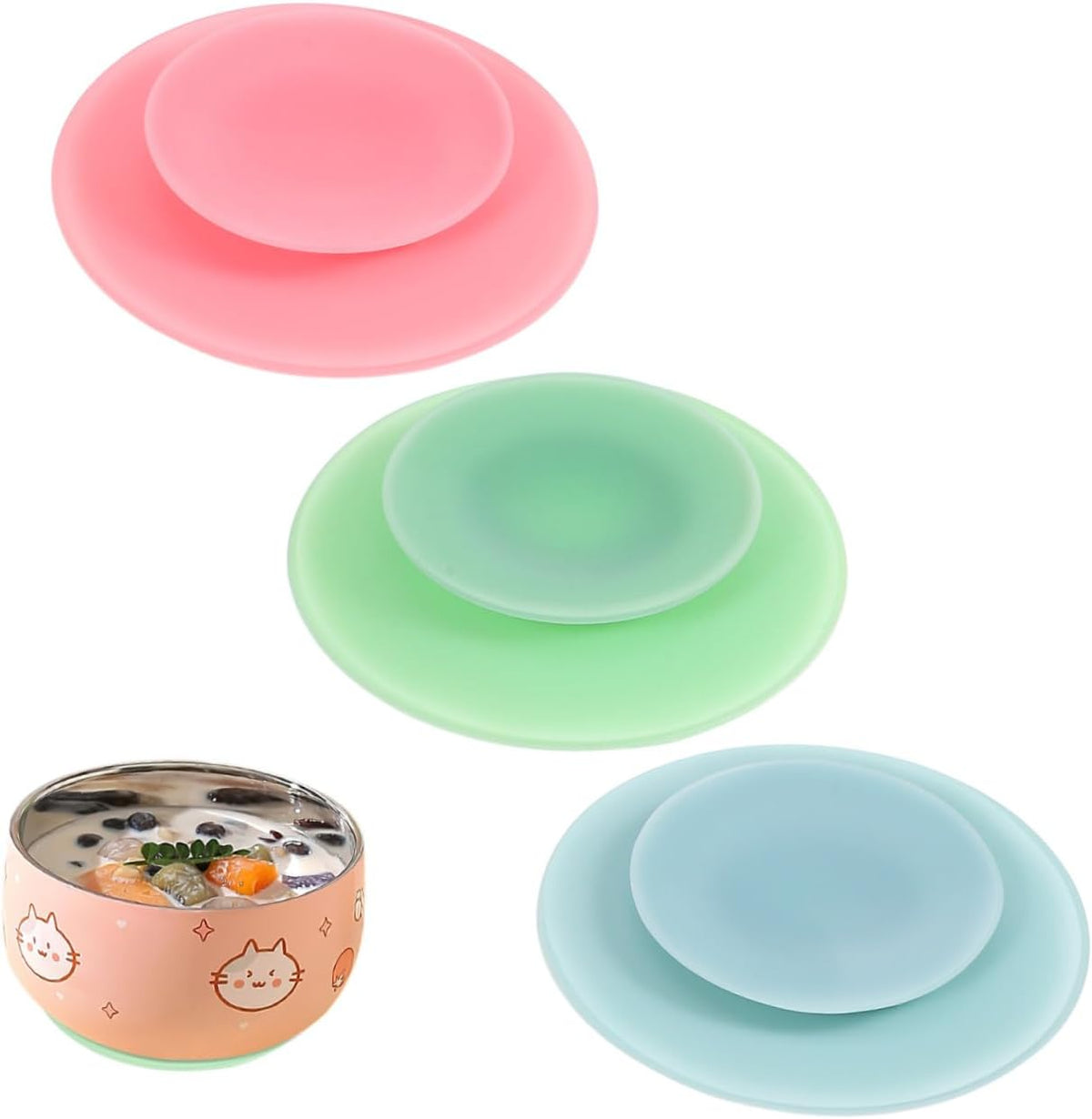 3pcs Non-Slip Suction Bowl Mats - Extra Strong Washable Silicone Pads for Plates & Bowls, Baby Led Weaning, Elderly & Disability Aid (Pink, Green, Blue)