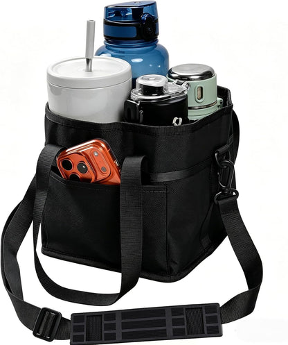 Drink Carrier Bag, 4 Compartment Drink Bag, Insulated 4 Cup Holder Bag with Handle &Strap, Family Multi Tumbler, Water Bottle Carrier Caddy, Reusable Beverage Carrier Tote for Travel,Picni
