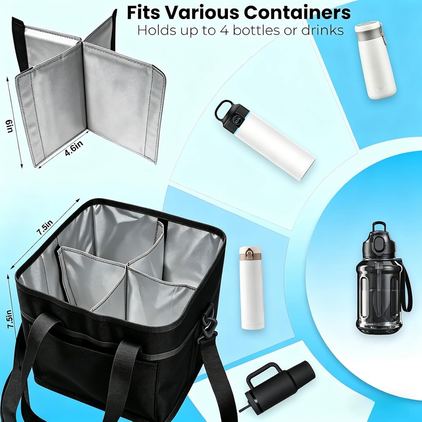 Drink Carrier Bag, 4 Compartment Drink Bag, Insulated 4 Cup Holder Bag with Handle &Strap, Family Multi Tumbler, Water Bottle Carrier Caddy, Reusable Beverage Carrier Tote for Travel,Picni