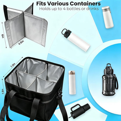 Drink Carrier Bag, 4 Compartment Drink Bag, Insulated 4 Cup Holder Bag with Handle &Strap, Family Multi Tumbler, Water Bottle Carrier Caddy, Reusable Beverage Carrier Tote for Travel,Picni