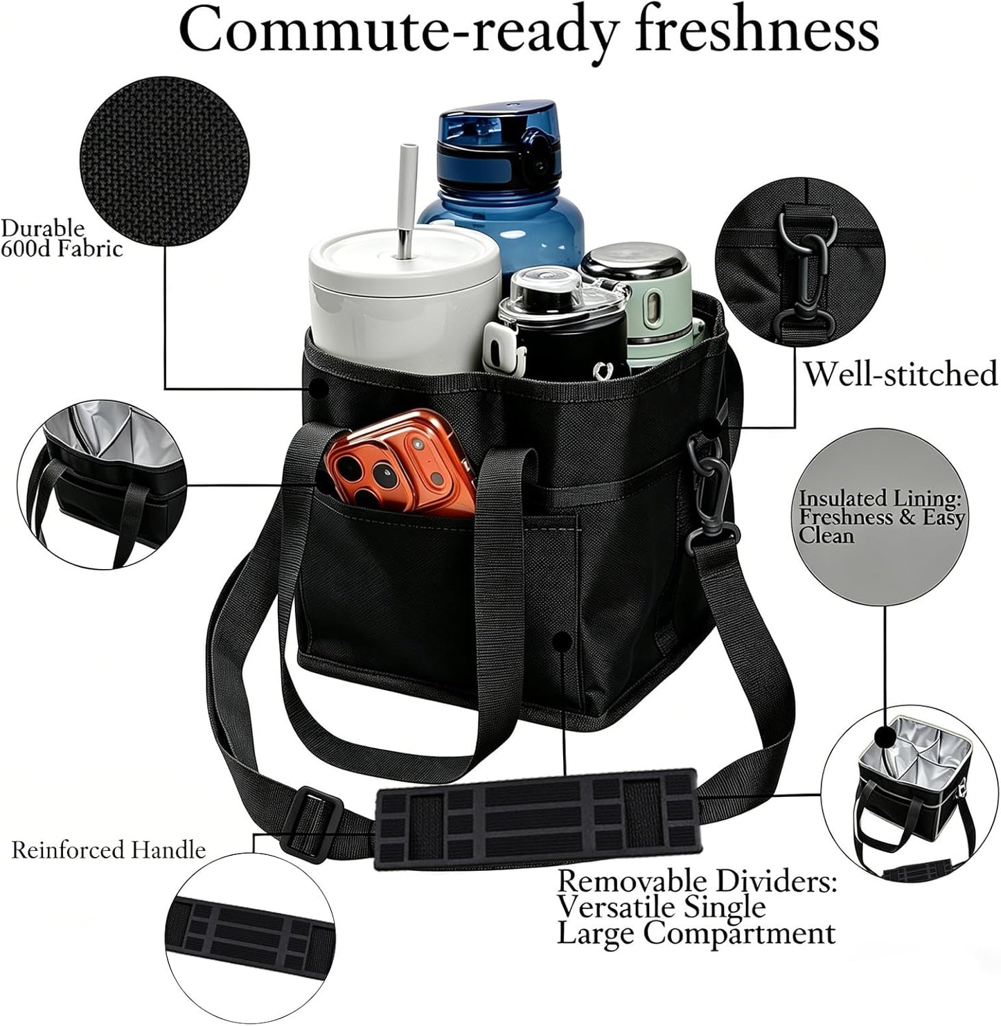Drink Carrier Bag, 4 Compartment Drink Bag, Insulated 4 Cup Holder Bag with Handle &Strap, Family Multi Tumbler, Water Bottle Carrier Caddy, Reusable Beverage Carrier Tote for Travel,Picni
