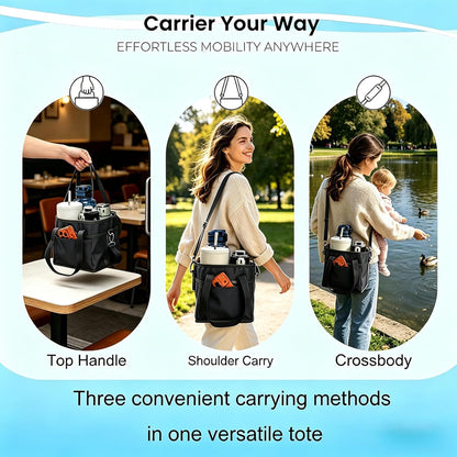 Drink Carrier Bag, 4 Compartment Drink Bag, Insulated 4 Cup Holder Bag with Handle &Strap, Family Multi Tumbler, Water Bottle Carrier Caddy, Reusable Beverage Carrier Tote for Travel,Picni