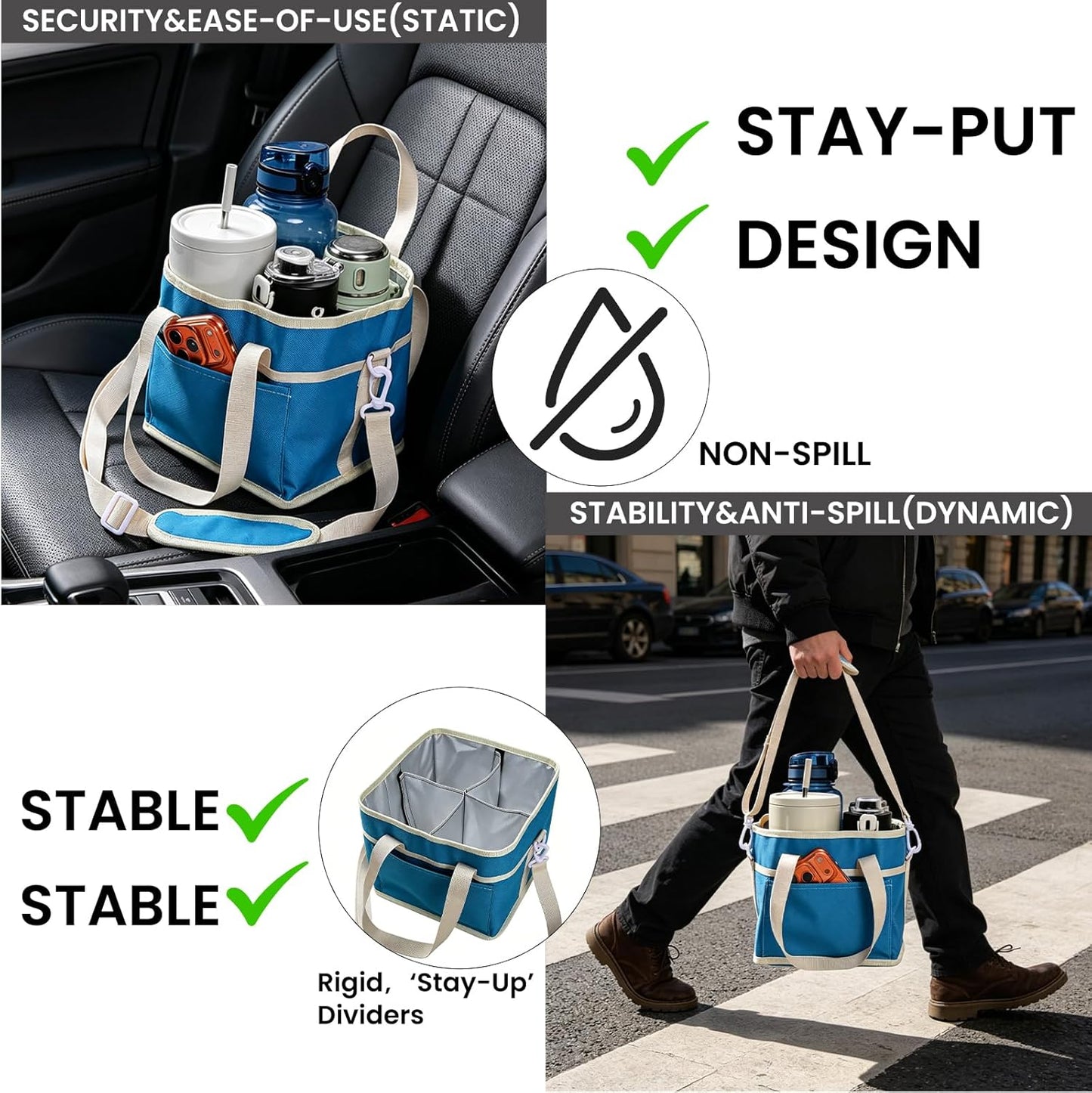 Drink Carrier Bag, 4 Compartment Drink Bag, Insulated 4 Cup Holder Bag with Handle &Strap, Family Multi Tumbler, Water Bottle Carrier Caddy, Reusable Beverage Carrier Tote for Travel,Picni