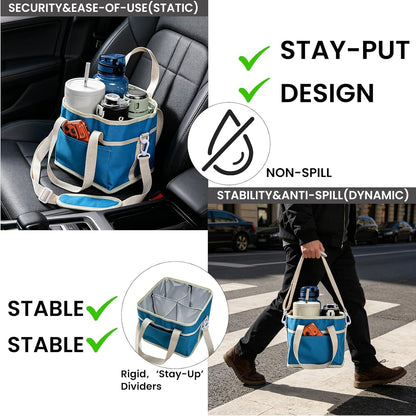 Drink Carrier Bag, 4 Compartment Drink Bag, Insulated 4 Cup Holder Bag with Handle &Strap, Family Multi Tumbler, Water Bottle Carrier Caddy, Reusable Beverage Carrier Tote for Travel,Picni