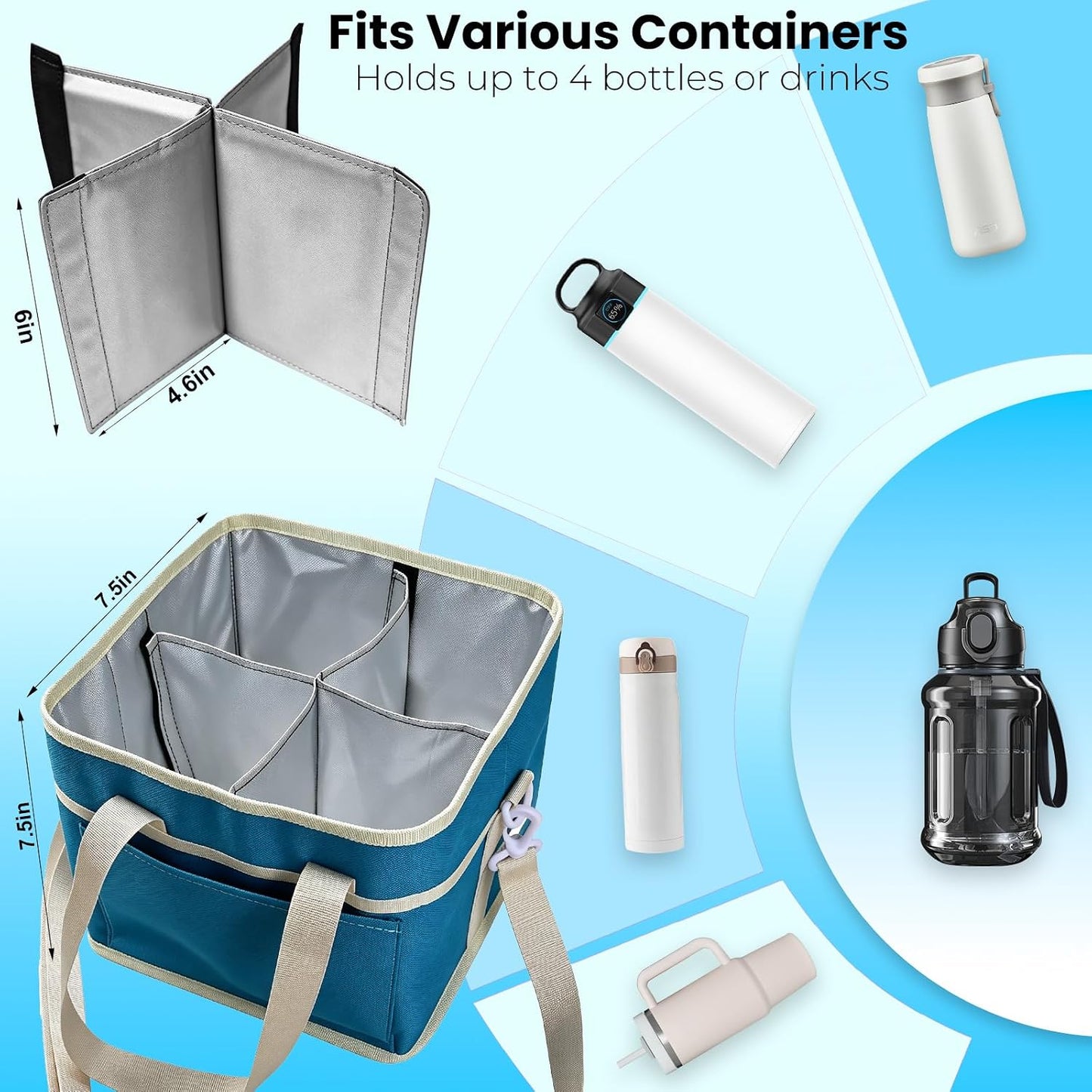 Drink Carrier Bag, 4 Compartment Drink Bag, Insulated 4 Cup Holder Bag with Handle &Strap, Family Multi Tumbler, Water Bottle Carrier Caddy, Reusable Beverage Carrier Tote for Travel,Picni