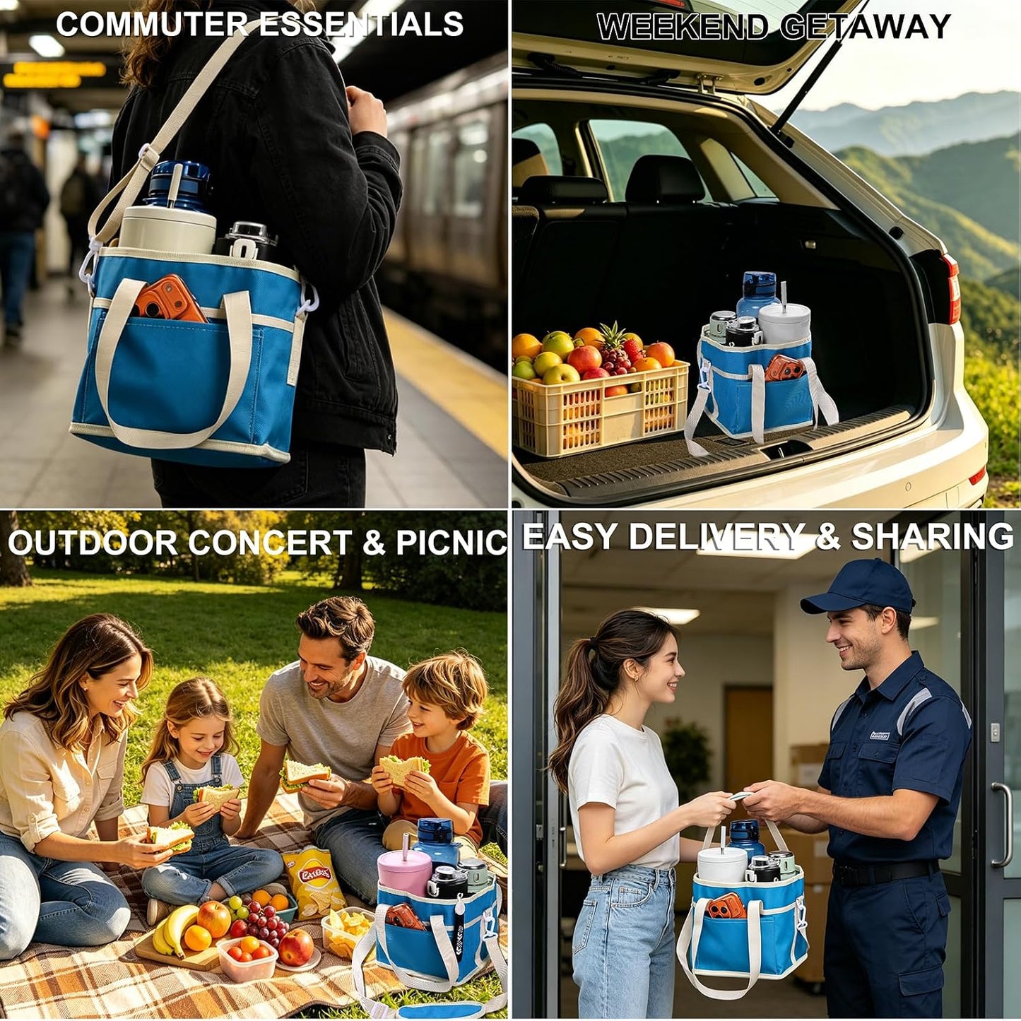 Drink Carrier Bag, 4 Compartment Drink Bag, Insulated 4 Cup Holder Bag with Handle &Strap, Family Multi Tumbler, Water Bottle Carrier Caddy, Reusable Beverage Carrier Tote for Travel,Picni