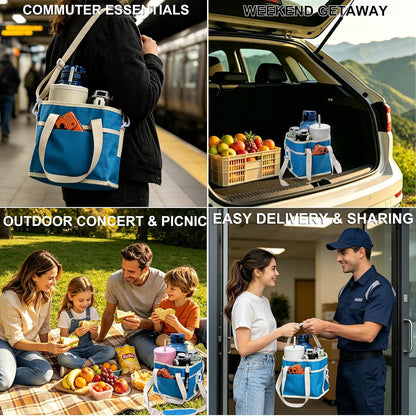 Drink Carrier Bag, 4 Compartment Drink Bag, Insulated 4 Cup Holder Bag with Handle &Strap, Family Multi Tumbler, Water Bottle Carrier Caddy, Reusable Beverage Carrier Tote for Travel,Picni