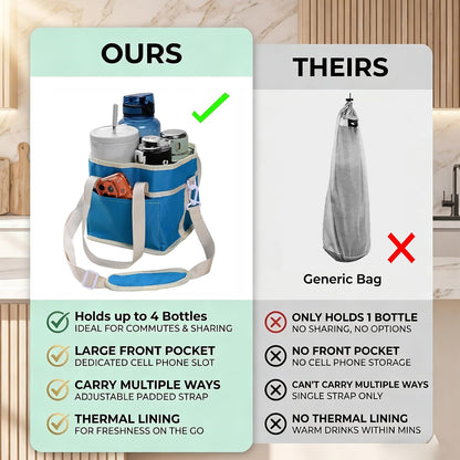 Drink Carrier Bag, 4 Compartment Drink Bag, Insulated 4 Cup Holder Bag with Handle &Strap, Family Multi Tumbler, Water Bottle Carrier Caddy, Reusable Beverage Carrier Tote for Travel,Picni