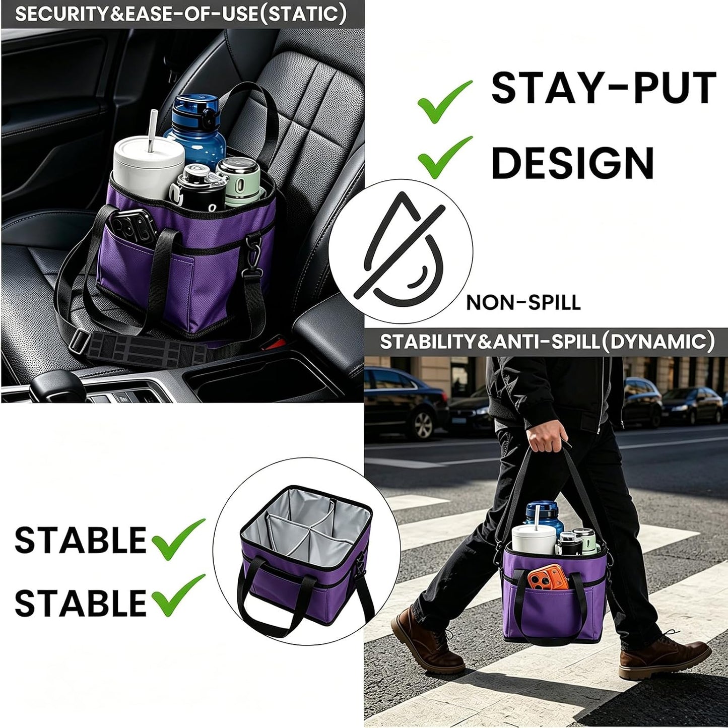 Drink Carrier Bag, 4 Compartment Drink Bag, Insulated 4 Cup Holder Bag with Handle &Strap, Family Multi Tumbler, Water Bottle Carrier Caddy, Reusable Beverage Carrier Tote for Travel,Picni