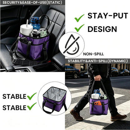 Drink Carrier Bag, 4 Compartment Drink Bag, Insulated 4 Cup Holder Bag with Handle &Strap, Family Multi Tumbler, Water Bottle Carrier Caddy, Reusable Beverage Carrier Tote for Travel,Picni
