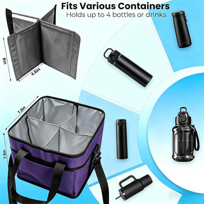 Drink Carrier Bag, 4 Compartment Drink Bag, Insulated 4 Cup Holder Bag with Handle &Strap, Family Multi Tumbler, Water Bottle Carrier Caddy, Reusable Beverage Carrier Tote for Travel,Picni